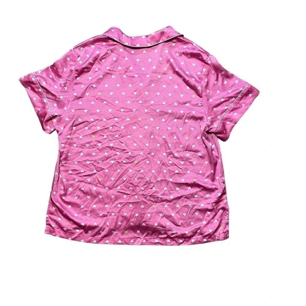 Victoria secret pink heart print short sleeve button up sleep shirt silk satin